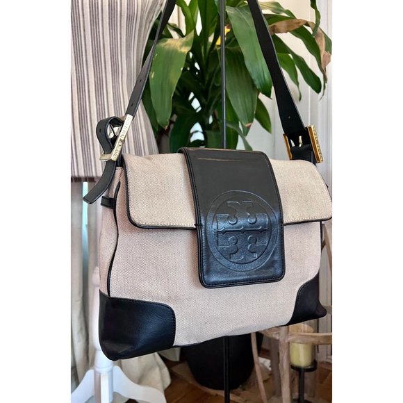 TORY BURCH AUTHENTIC VINTAGE CANVAS AND BLACK (DARK BLUE?) HANDBAG - Picture 14 of 15